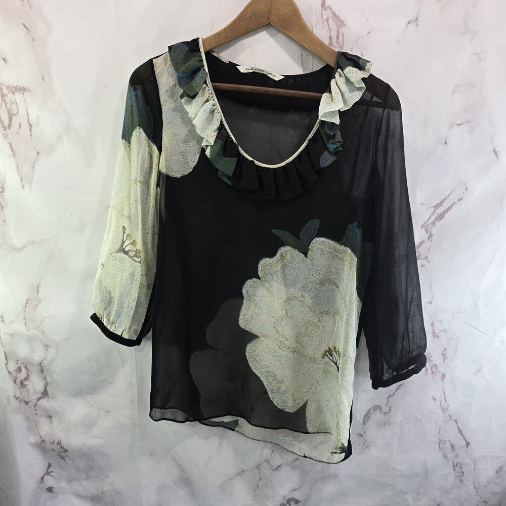 Diane Von Furstenburg Shirt Womens XS 2 Black Silk Blouse Ruffle White Floral